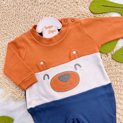 Macacão com Pé Reversível Ursinho - Marinho e Ferrugem